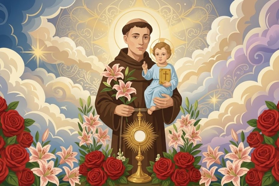 Premier Jour : Saint Antoine Modèle d’Humilité - un moine franciscain tenant un livre et un lys blanc avec l'Enfant Jésus